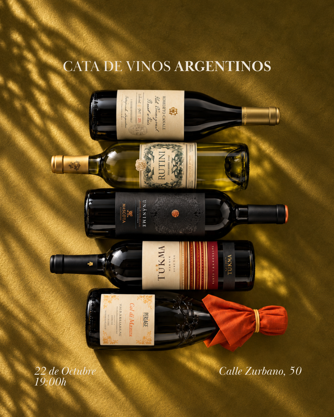 Cartel de cata de vinos argentinos de El Enemigo Gourmet el 22 de octubre a las 19:00 en Calle Zurbano 50.