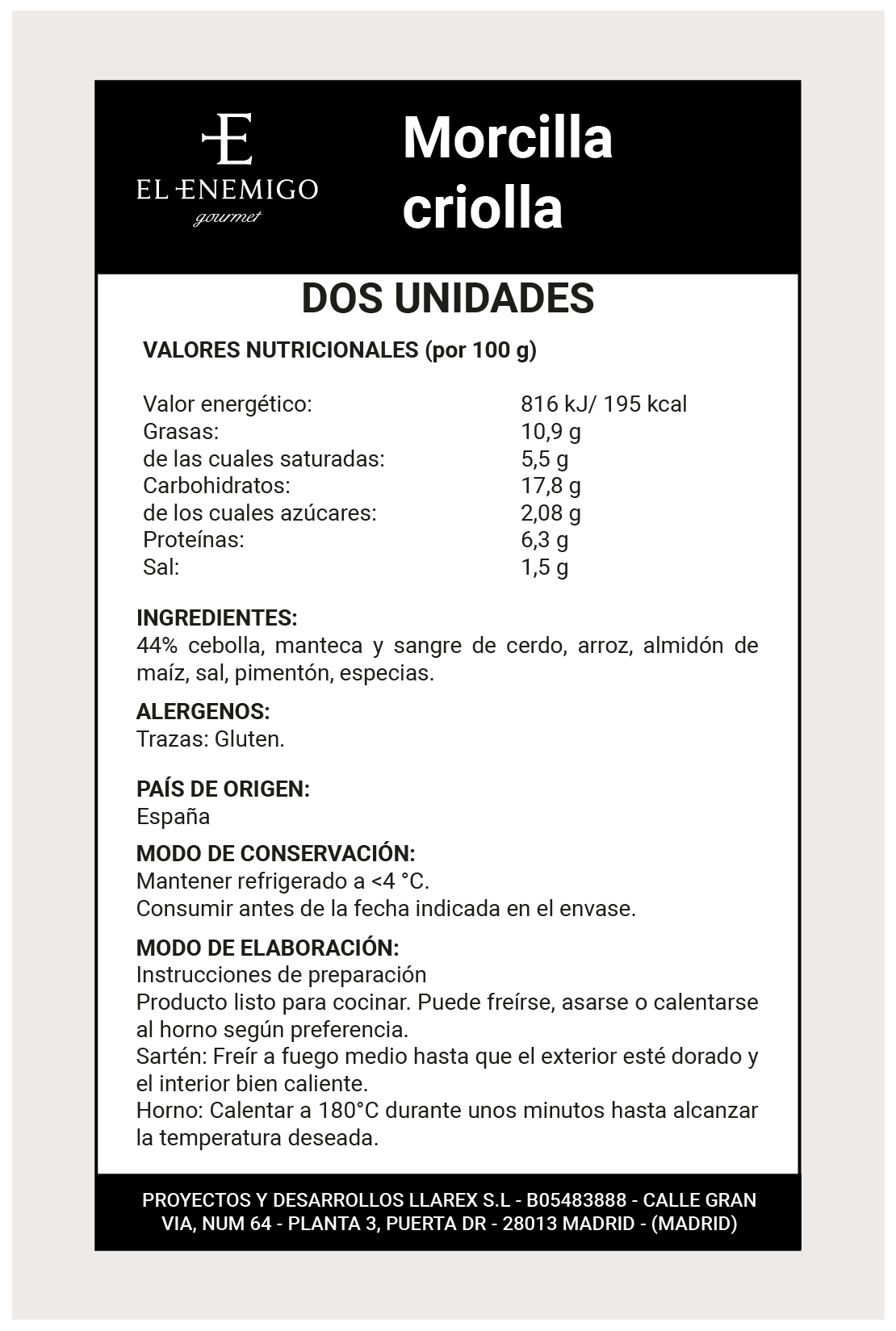 Morcilla Criolla - Pack 2 unidades - 250 a 350gr